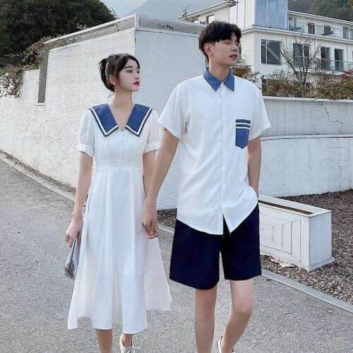 Korean Couple Matching Clothes Sailor Dress T-Shirts College School Lovers Pair White Women Men Summer Vacation Outfit Wear Set