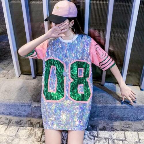 Casual Straight Geometric Sequined Fashion Elegant High Steet Round Neck Short Sleeve Number Summer Sexy Club Party Dress