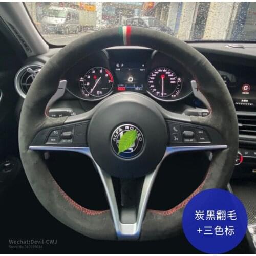 Steering wheel cover Premium Suede Leather For Alfa Romeo Stelvio Giulia hand-stitch Turn fur Hand Grip Auto parts interior