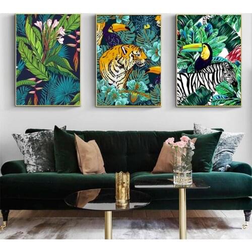 Nordic Tropical Plant Animal Wall Art Print Canvas Paintings Tiger Toucan Zebra Posters Decoration Pictures Room Wall Painting