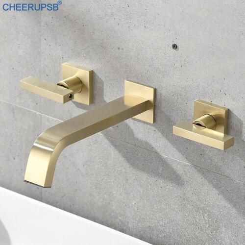 Gold Water Tap Bathroom Concealed Wall Mount Mixer Tap Modern Basin Brass Faucets Double Handle Vessel Sink Brush Tap Torneiras