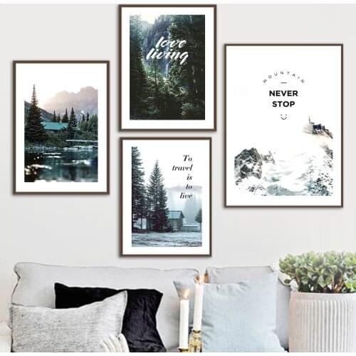 Snow Mountain Forest Lake Sky House Quote Wall Art Canvas Painting Nordic Posters And Prints Wall Pictures For Living Room Decor