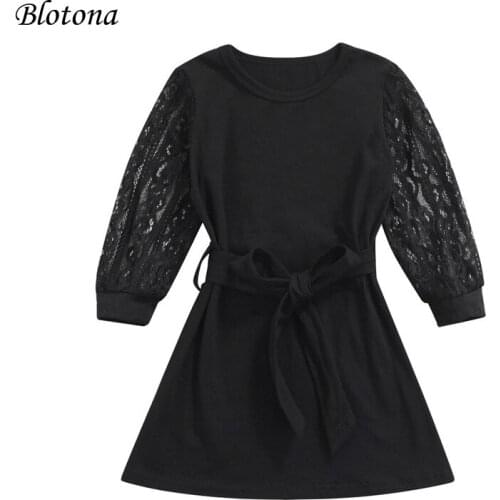 Blotona Fashion Toddler Baby Girl Spring Fall Dress, Elegant Lace Long Sleeve Round Neck Solid Color Belted Dress, 2-7Years