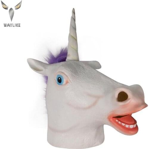 WAYLIKE Purple Hair Unicorn Mask Full Face Halloween Horse Unicorn Mask Novelty Creepy Head Latex Party Mask
