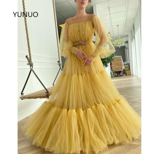 YUNUO Maxi Tulle Evening Dresses Long Illusion O-neck Lantern Sleeve Crystals Prom Gowns вечерние платья Formal Party Dress