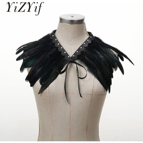 Women Gothic Victorian Natural Feather Shrug Shawl Shoulder Wrap Cape Leather Collar with Ribbon Tie for Halloween Costume Party