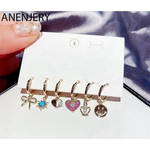 ANENJERY 6 pieces/set Sweet Smiley Bow Crown Heart Earring Set For Women Girl Korean Daily Jewelry Gifts Wholesale