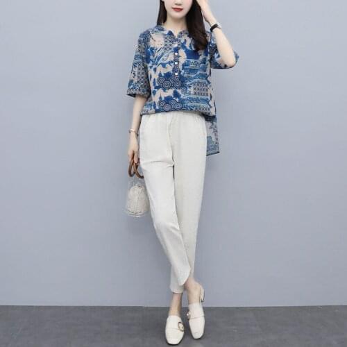 2021 Summer 2Pcs Print V-neck Blouse+Pants Office Lady Two Pieces Set Casual Loose Fashion Tops And Trousers Women Sets