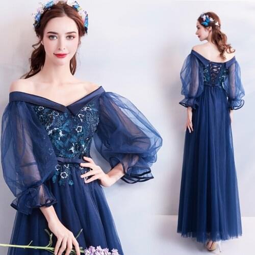 Blue long long sleeve fairy sweat lady girl women princess bridesmaid banquet party ball dress gown