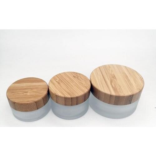 50pcs Cosmetic Frosted Glass Cream Jar Eco-friendly wooden cap bamboo lid mask skin care creampackaging container 30/50/100g