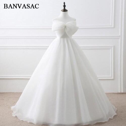 BANVASAC 2017 New Elegant Bowknot Sweetheart Wedding Dresses Sleeveless Satin Off the Shoulder Lace Bridal Ball Gowns