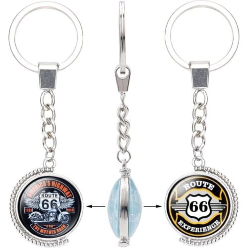 FIMAODZ Motorcycle ROUTE 66 Keychain Punk Cool Glass Photo Exquisite Silver Double Sided Bag Pendant Men Car Key Chain Holder