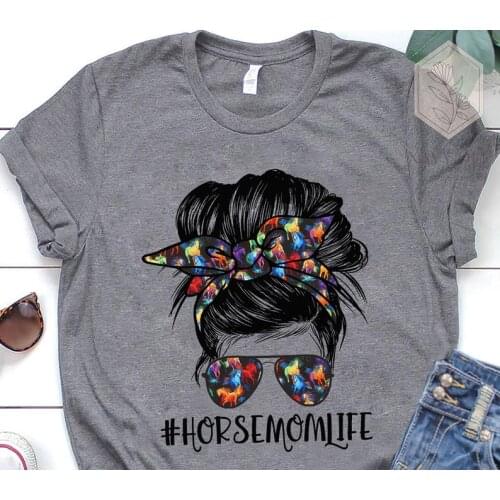 Mothers Day Horse Mom Life Horse Lovers glasses Shirt Short Sleeve Tees Fashion 100%Cotton O Neck Female Clothing Casual Shirts