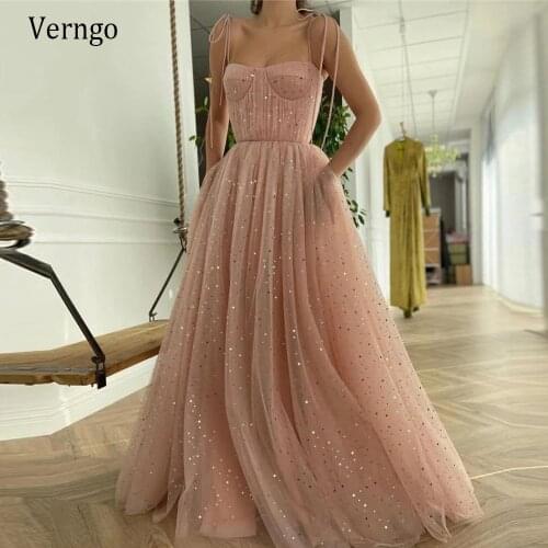 Verngo Dusty Pink Tulle A Line Long Prom Dresses Shiny Golden Stars Spaghetti Straps Tiers Draped Top Evening Gowns With Pockets