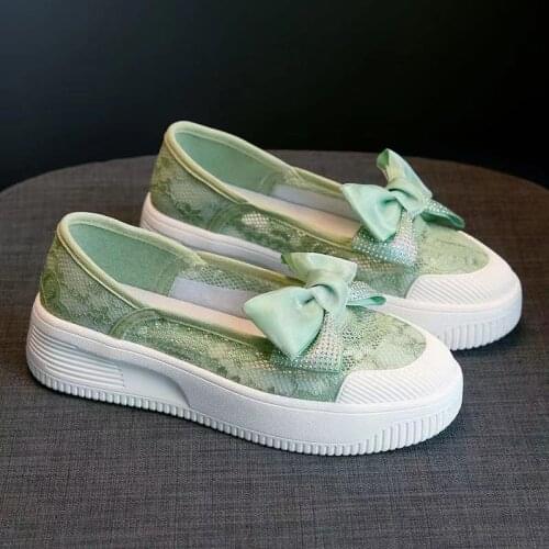 Vulcanized White Shoes Sneakers Women For Summer Platform Sneakers Ladies Slip-on Casual Female Canvas Butterfly-Knot Lace Flats