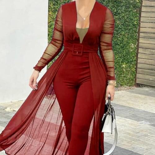 Summer Womens Jumpsuits Solid V-neck Belted Skinny See Through Transparent Long Sleeve Plus Size Bodysuit Wedding Party Suit
