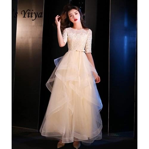 Its YiiYa Evening Dress 2019 Elegant O-neck Half Sleeve A-line Evening Gowns Lace Up Party Dresses LX1396 robe de soiree
