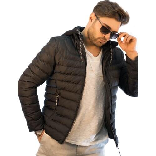 Kulemoda Black Hooded Zippered Pocket Slim Fit Filling Mens Coat