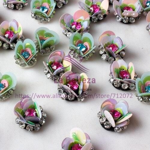 La Belleza Pretty green pink mixed sequins rhinestones flowers clothing accesories 20 pieces/lot