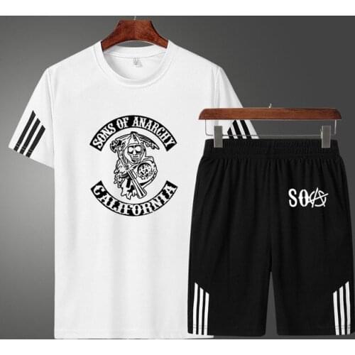 Casual Mens T-shirt SOA Sons of Anarchy Skull Printing Summer Cotton High Quality Mens short sleeve + shorts two-piece suit