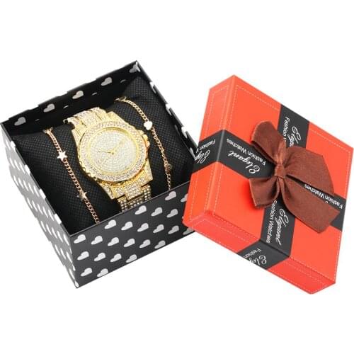 Watch Bracelet Set Womens Diamond-encrusted Quartz Watch Golden Open Rose Gold Bangle Bracelet Exquisite Box