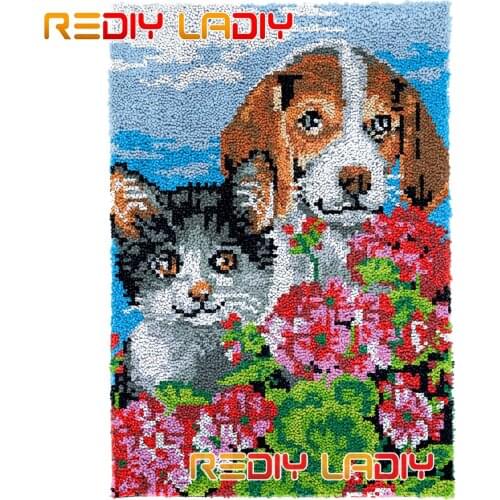 Latch Hook Rug Kit Dog with Cat Plush Wall Hanging DIY Carpet Rug Chunky Yarn Arts Cushion Crocheted Floor Mat Hobby & Crafts
