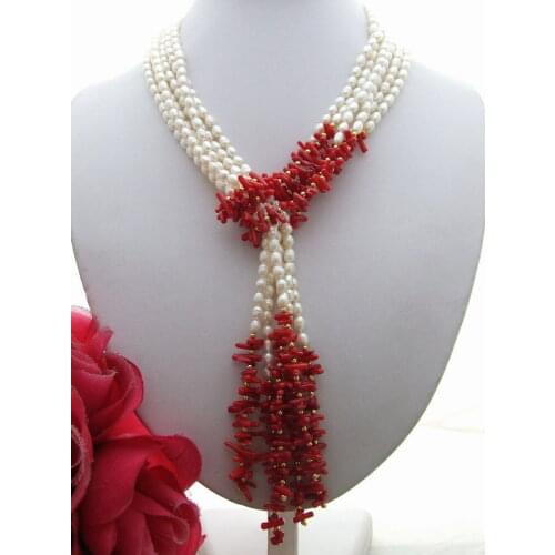 3Strands 50" White Pearl Coral Necklace