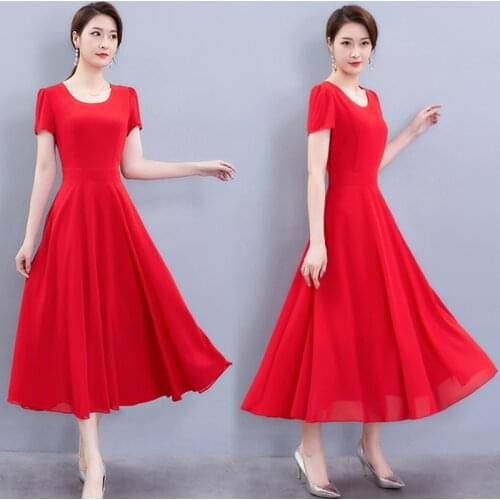 Plus Size Big Swing High Wait Zipper Short Sleeve O-Neck A-Line Chiffon Simple Black Red Summer Party Cocktail Dresses 9339