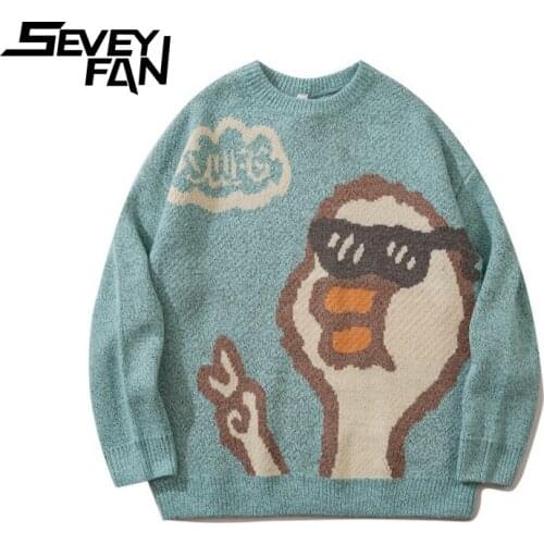 SEVEYFAN Mens Fashion Cartoon Duck Jacquard Sweaters BF Loose Cotton O Neck Kintwear Hip Hop Pullover Sweater for Couples