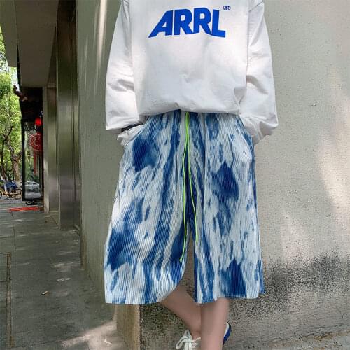 Summer Pleated Shorts Men Fashion Ice Silk Tie-dye Shorts Men Streetwear Loose Hip-hop Wide-leg Casual Shorts Mens Beach Shorts