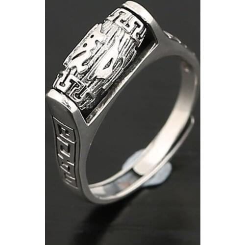 Terling ilver Retro Distressed imple Ethnic ix-character Mantra Daming Transit Bead Ring Female Opening Turnable