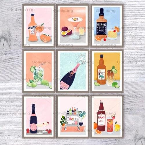 Wine Kitchen Poster Print Champagne Cocktail Drink Canvas Print Wall Art Painting Picture Dining Room Restaurant Bar Decoration