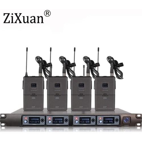 High quality 4 Channel UHF Wireless Lavalier Microphone System 4 Lavalier Microphones 1 Wireless LCD Display Receiver for Stage