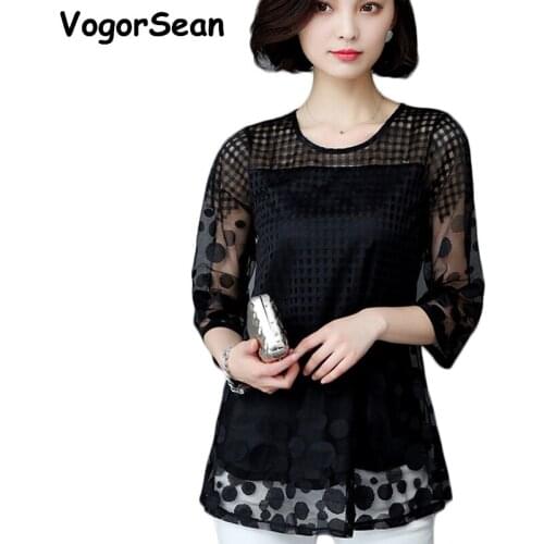 Womens Blouse Shirt Elegant Hollow Summer Lace Tops and Blouses Shirts Femme Mesh Blusas Plus Size 5XL For Office Lady Women
