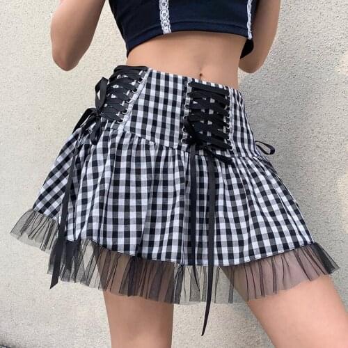 Y2K Harajuku Gothic Lace Up Plaid Mini Skirt Mesh Patctwork Ball Gown Skirt Women Bandage High Waist Pleated Skirts Streetwear