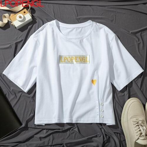 Women T-shirts Harajuku Kawaii Girls Button Tops Letter Print O-neck Short Sleeves Loose Summer Tshirt Original Design White