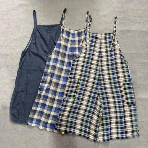 Johnature Summer Vintage Linen Plaid Women Jumpsuits 2021 New Casual Spaghetti Strap Calf-length Wide Leg Loose Loose Bodysuits