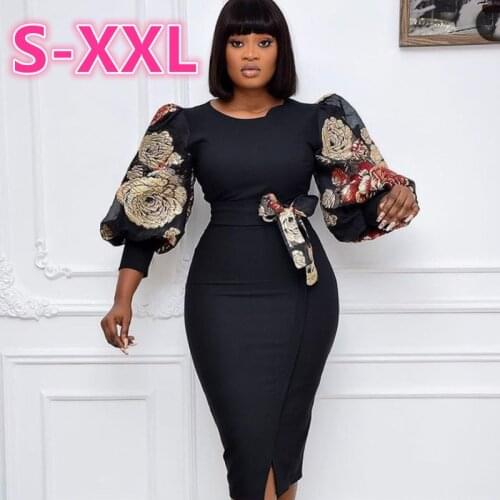 Tall waist lantern sleeve printed big yards of cultivate ones morality bowknot business attire women dress