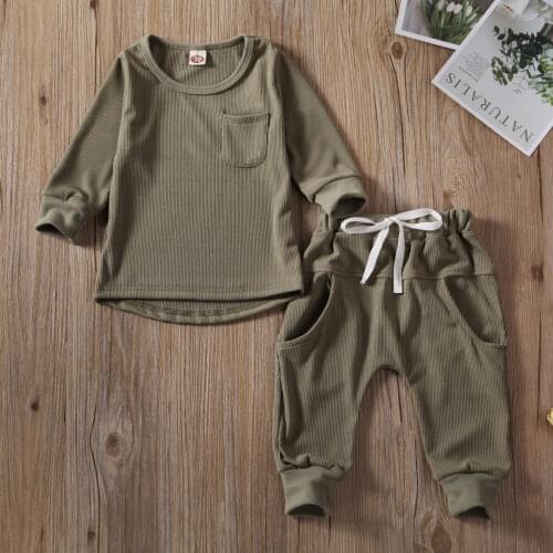 2020 Baby Spring Autumn Clothing Newborn Infant Kids Baby Boy Girl Solid Ribbed Outfits Long Sleeve T-shirts Tops+Pants 2pcs Set