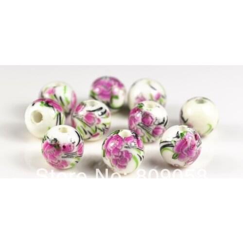 200pcs/lot Round Smooth Flower Beads Pink Ceramic Porcelain Flower Loose Beads Fit Charms Bracelets DIY Jewelry Making 8mm