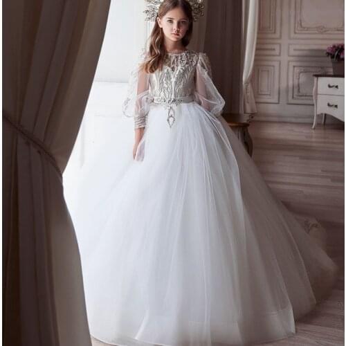2021 Ball Flower Girl Dresses For Wedding Lace Appliques Belt Kids Pageant Gowns Long Sleeves First Communion Dress