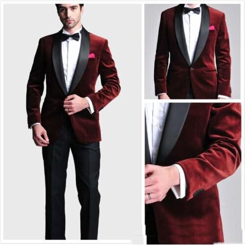 Burgundy Velvet Slim Fit Groom Tuxedos Wedding Suits Custom Made Groomsmen Best Man Prom Suits Black Pants (Jacket+Pants+Bow Tie