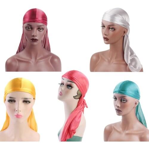 Durags for Men Women Waves Silky, Bright Color Muslim Turban Hat, Long Tailed Pirate Cap
