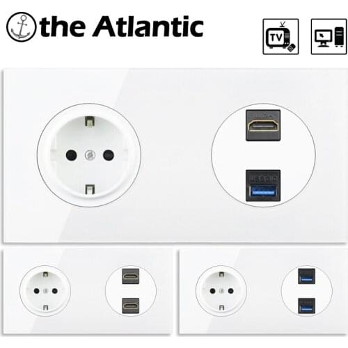 EU Plug Power Outlet HDMI USB 3.0 Data Jack Data Transfer Port Wall Socket For Computer PC Television TV White Glass Frame Spain