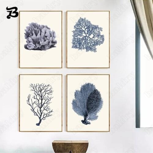 Blue Purple Plant Art Posters Vintage Sea Corals Wall Art Prints and Posters Canvas Painting for Living Room Home Nautical Decor