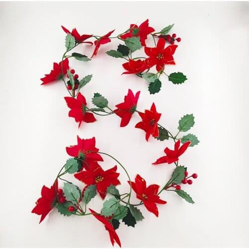 Artificial Poinsettia Red Flower Garland Home Decor Farmhouse Decoration Green Leaf Rattan For Christmas New Year