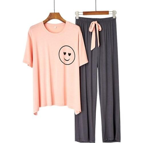 Spring Summer Contrasting Smiley Face Printing Home Service Modal Thin Short-sleeved Trousers Plus Size Pajamas Set Two-piece