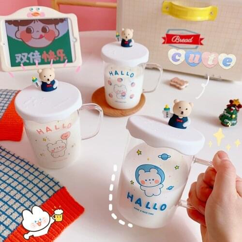 500ml Soft Cute Bear Mug Korean Version of Small White Bear Glass Bottle with Cover and Handle Simple Style Has Graduated Cups