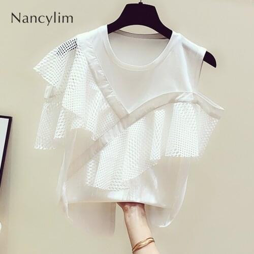 Summer White Blusas Woman 2019 New Korean Temperament Stitching Mesh Hollow Ruffled Round Collar Off Shoulder T-shirt Tees Tops