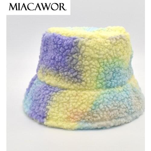 MIACAWOR New Winter Tie dye Bucket Hats Women Faux Lamb Wool Thick Warm Outdoor Panama Fisherman Hat Girls Cap M126